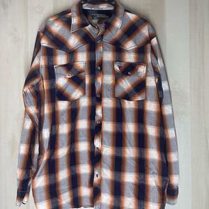 Cowboy Hardware blue orange plaid western style shirt pearl snap long sleeve LG‎